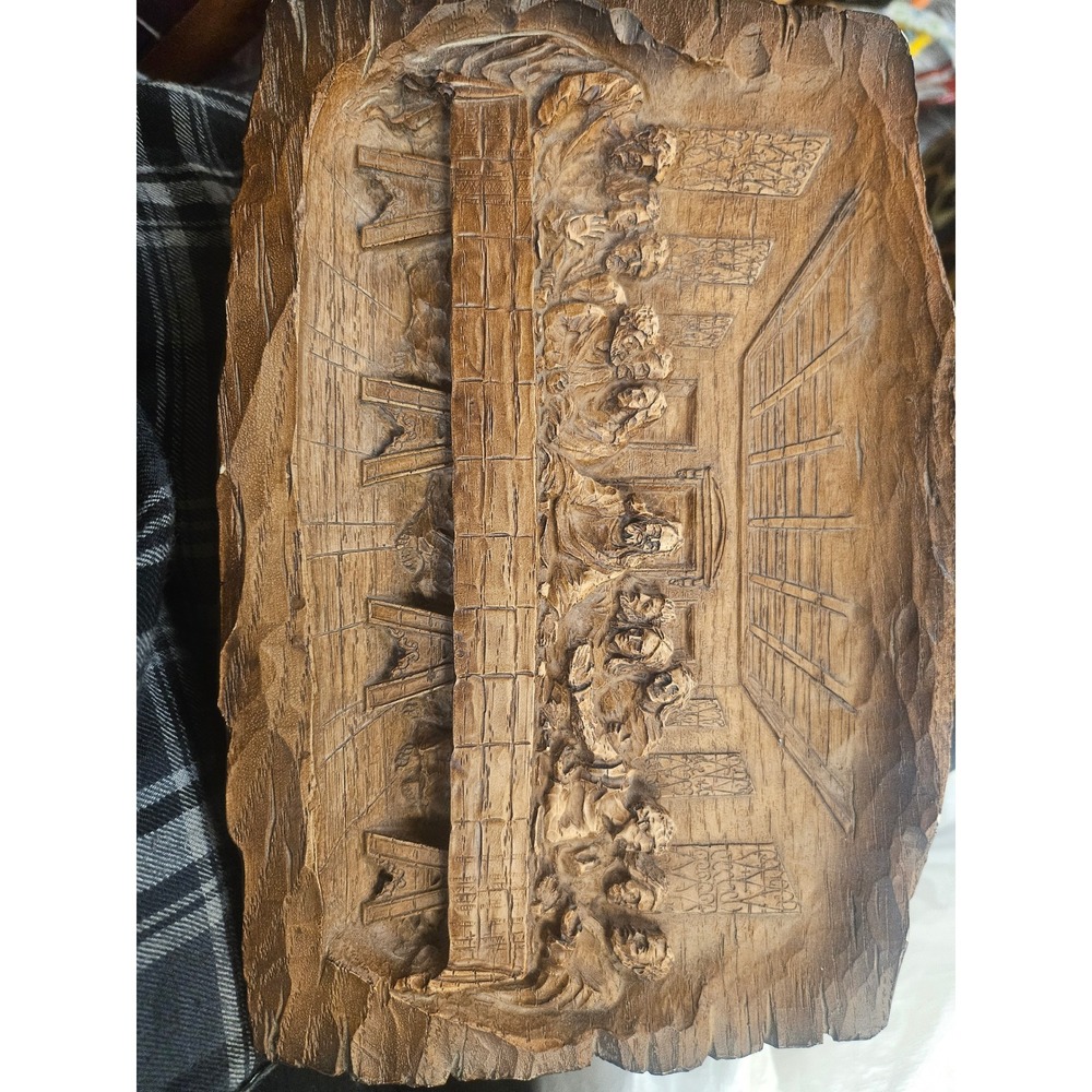 Vintage Hand Carved Wood Last Supper Wall Plaque Rustic Religious Art 12x8.5